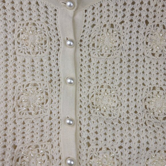 Robert Scott Seed Pearl Beaded Crochet Cardigan Large Ivory Lambswool Acrylic - Picture 5 of 10